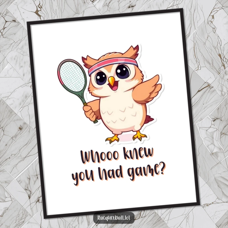 Funny Free Printable Wall Art: A happy owl with a headband energetically swings a tennis racquet, ready for the game.