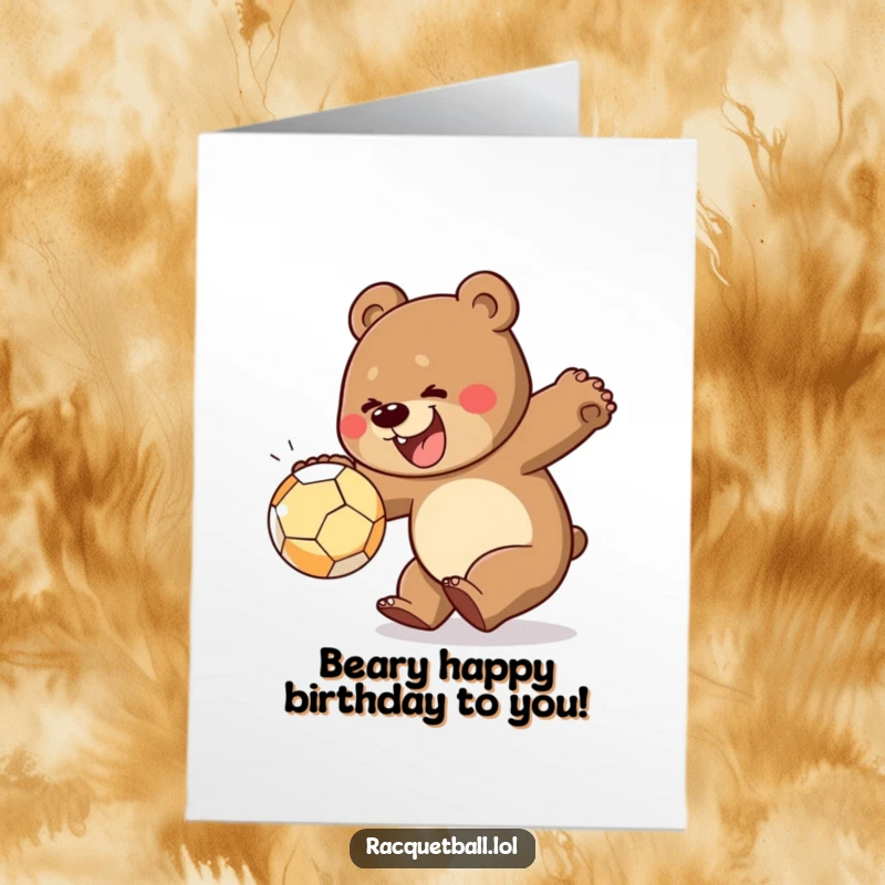 Funny Free Printable Birthday Card: Cheerful bear lunging to smash a ball with pure gusto, ready for a wild celebration.