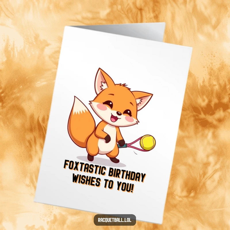 Funny Free Printable Birthday Card: A happy fox gleefully catching a bouncing racquetball, ears wiggling with joy.