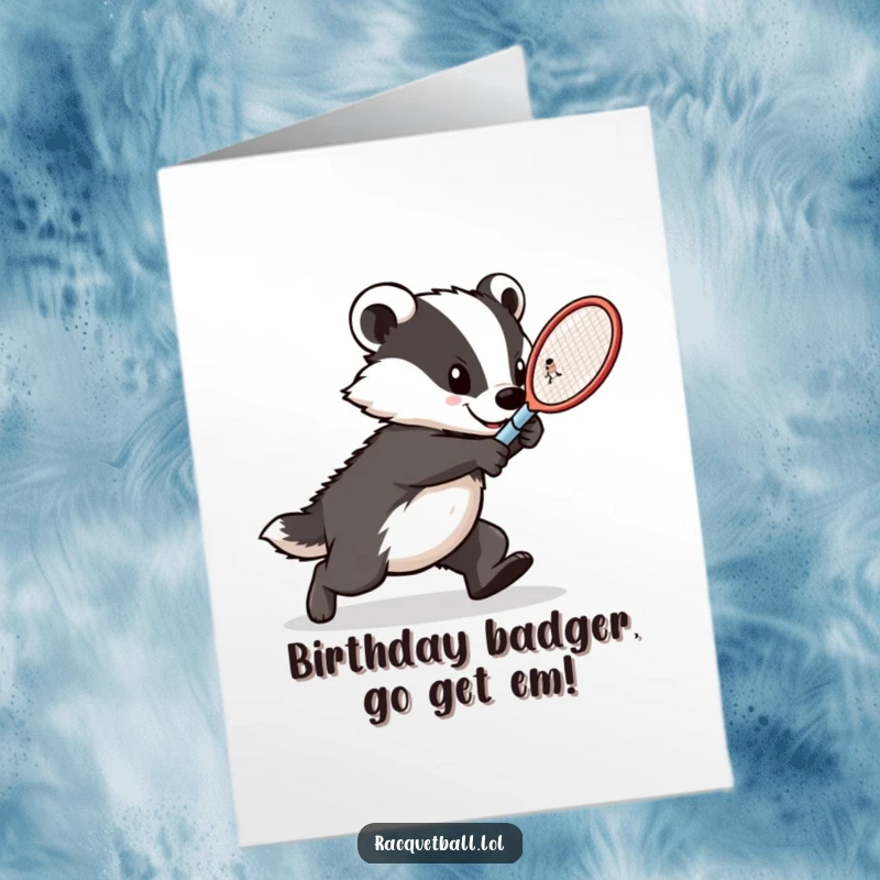 Funny Free Printable Birthday Card: A determined badger lunges with a tennis racquet, ready to strike with birthday wishes.