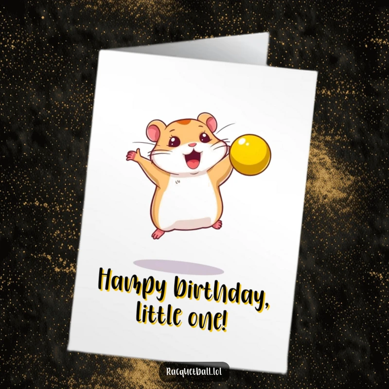 Funny Free Printable Birthday Card: A determined hamster leaps high to smash a bright yellow ball, celebrating a birthday with gusto.