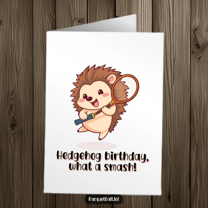 Funny Free Printable Birthday Card: A happy hedgehog in a tennis blur, racquet spinning wildly, ready to serve up laughs.
