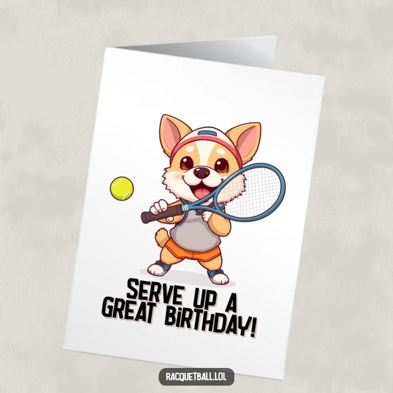Funny Free Printable Birthday Card: Determined dog in athletic gear smashing a tennis ball with a racquet, ready to celebrate.