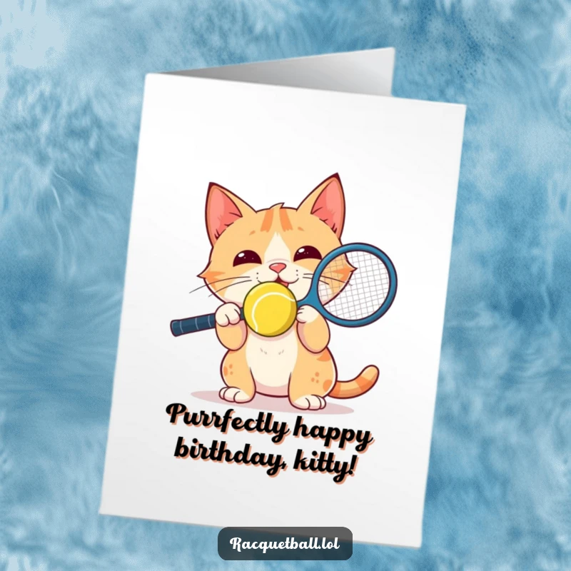 Funny Free Printable Birthday Card: Delighted cat balancing a racquetball on its nose with intense, focused, playful energy.