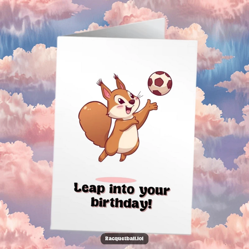Funny Free Printable Birthday Card: Determined squirrel leaps high, hitting a ball with a playful smile, celebrating a birthday.