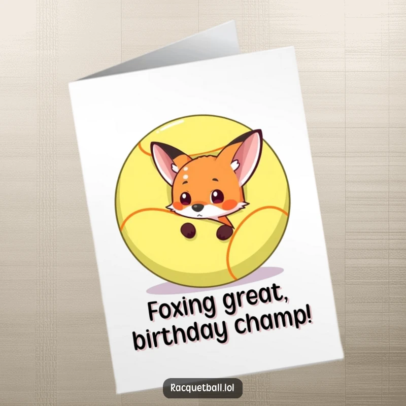 Funny Free Printable Birthday Card featuring a curious fox peeking from behind a giant racquetball, ready to pounce with birthday cheer.
