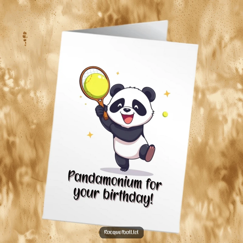Funny Free Printable Birthday Card: Panda aggressively smashing a racquetball with gleeful abandon, perfect for a wild celebration.