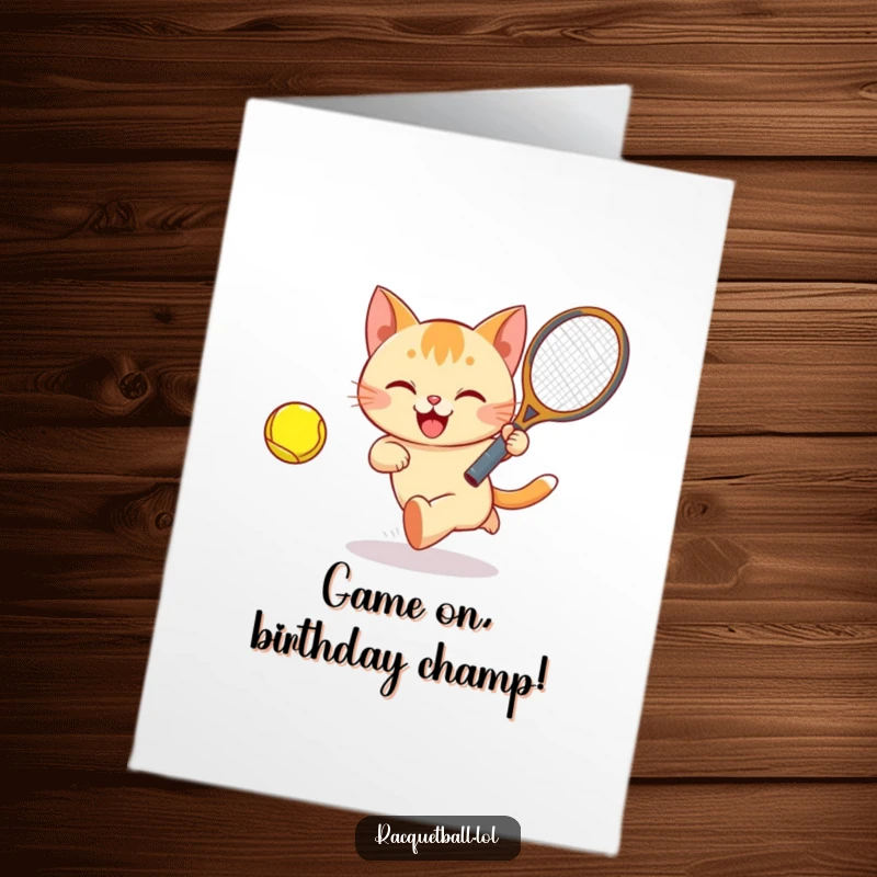 Funny Free Printable Birthday Card: Happy cat energetically playing tennis with a ball and racquet, pure joy.