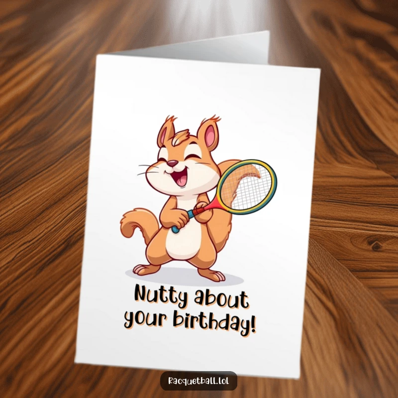 Funny Free Printable Birthday Card: A joyful squirrel swinging a tiny racquet with immense effort, celebrating a birthday.