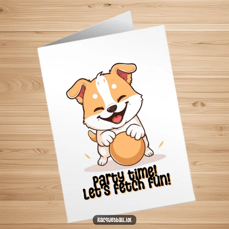 Funny Free Printable Birthday Card: A happy dog with a determined grin, playfully pouncing to hit a ball, perfect for a fun wish.