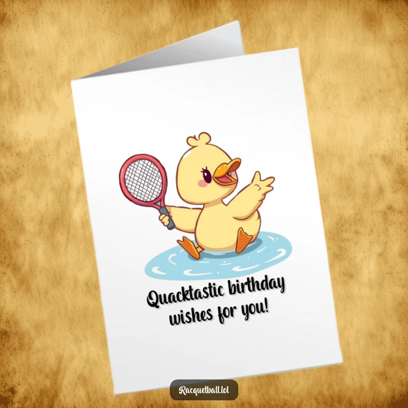 Funny Free Printable Birthday Card: A cute duck sliding dramatically on the court, racquet outstretched for a birthday save.
