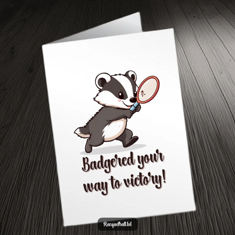 Funny Free Printable Congratulations Card: A determined badger lunges with a tennis racquet, ready to win.
