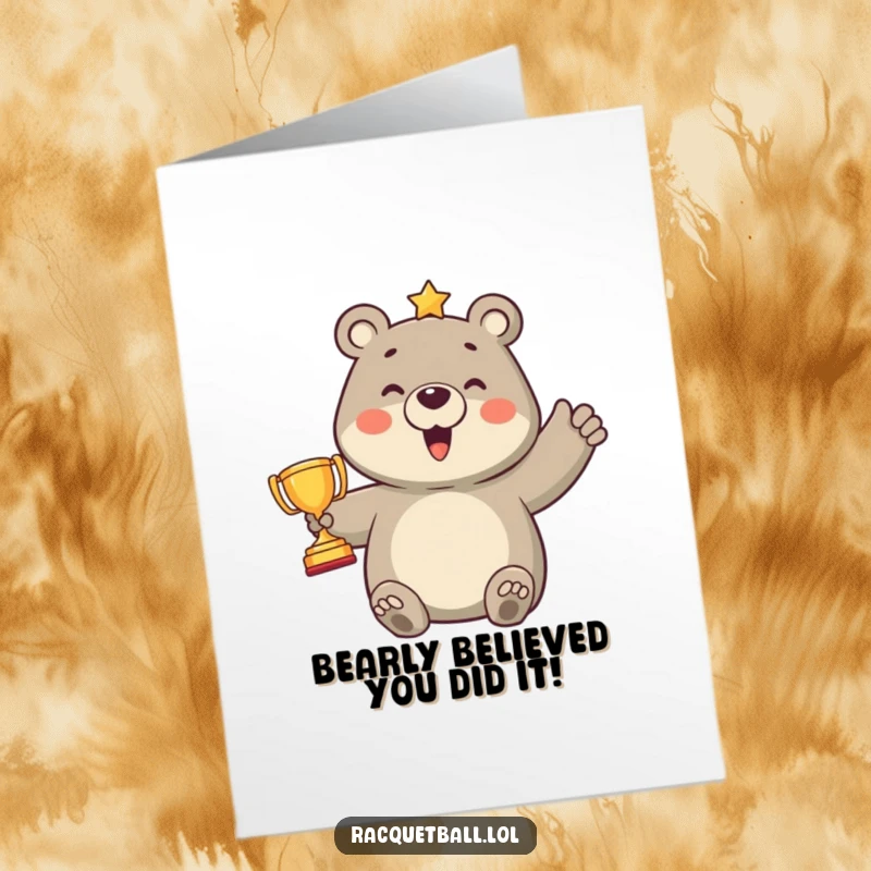 Funny Free Printable Congrats Card: A jubilant bear proudly displays a small golden trophy after scoring a point.