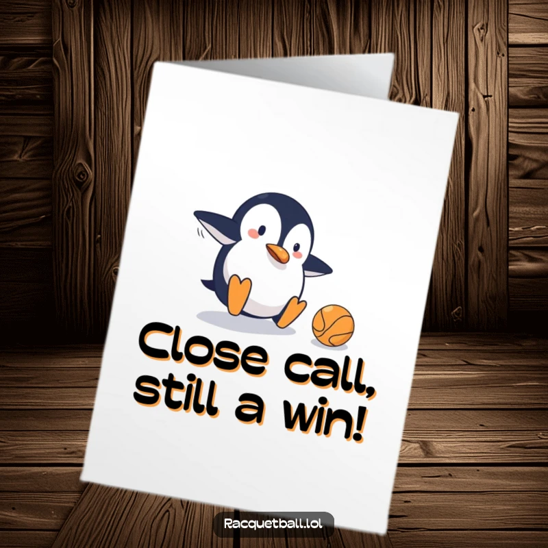 Funny Free Printable Congrats Card: A penguin comically slides across the court, narrowly failing to hit the ball.