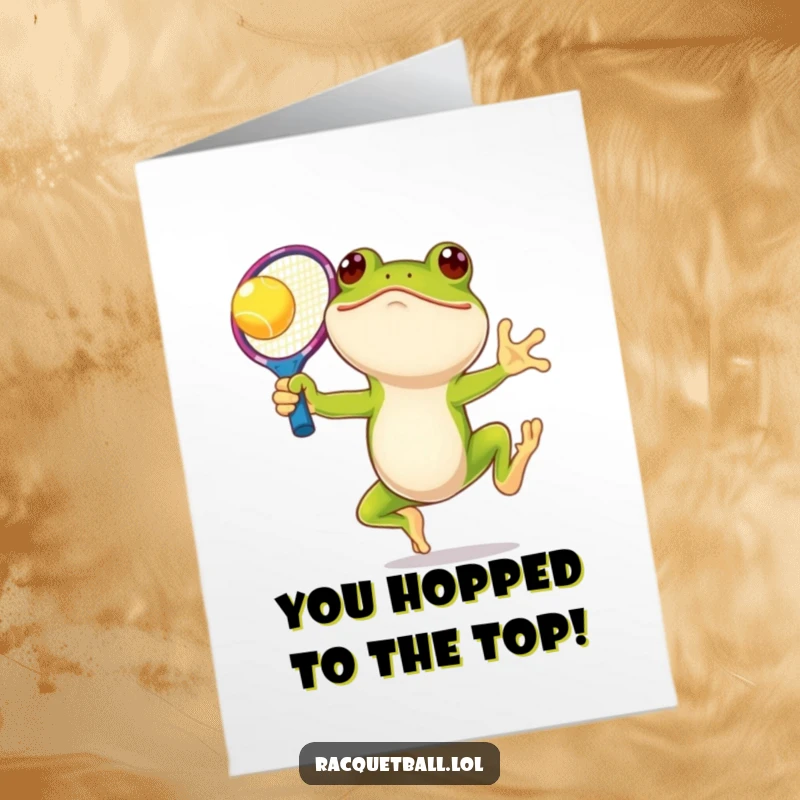 Funny Free Printable Congratulations Card: A smiling frog leaps to hit a ball with a large, colorful racquet.