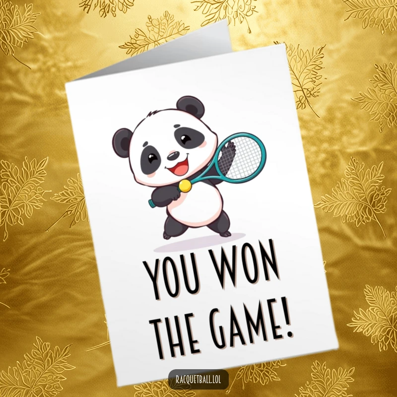 Funny Free Printable Congratulations Card: A joyful panda with a huge racquet celebrates a win by hitting a tiny ball.