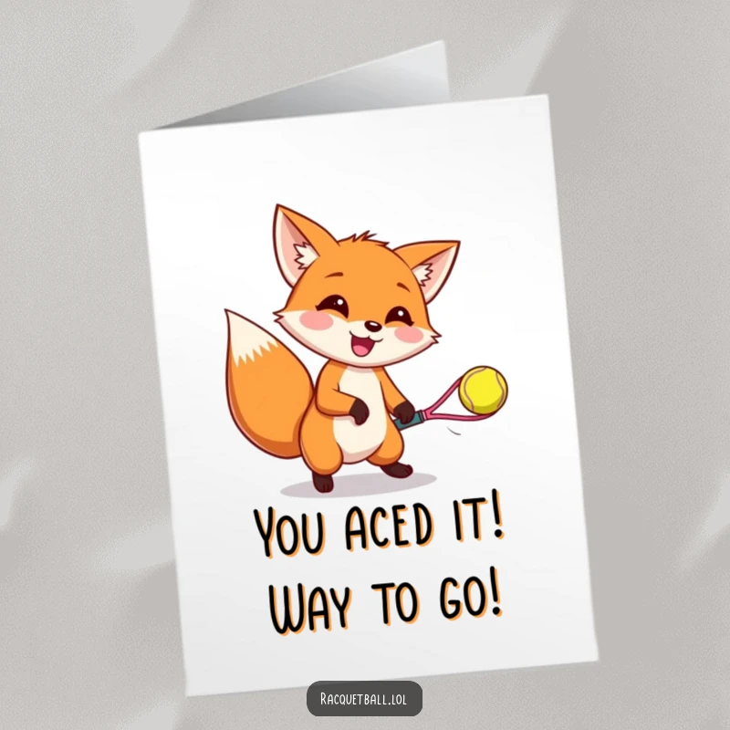 Funny Free Printable Congratulations Card: A happy fox leaping to catch a bouncing racquetball, celebrating success.