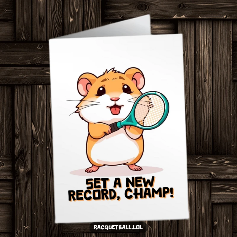 Funny Free Printable Congratulations Card: Hamster character swinging a miniature tennis racquet with powerful determination, celebrating a win.
