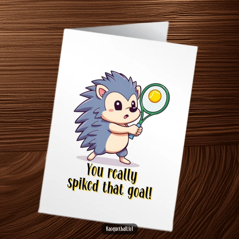 Funny Free Printable Hedgehog Congratulations Card: Determined hedgehog swings a racquet, triumphantly hitting a ball upwards.