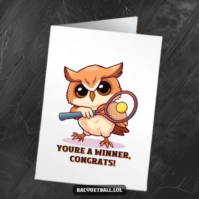 Funny Free Printable Owl Racquetball Congratulations Card, a focused owl in athletic action, celebrating a triumphant win.