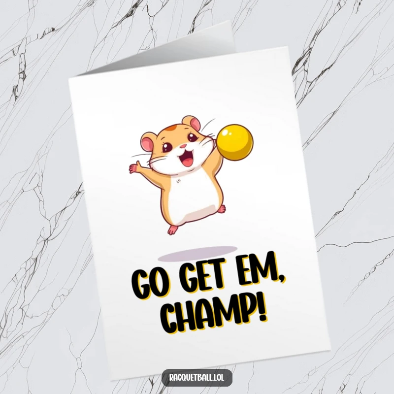 Funny Free Printable Congratulations Card: A determined hamster executes a powerful leap to smash a bright yellow ball in celebration.