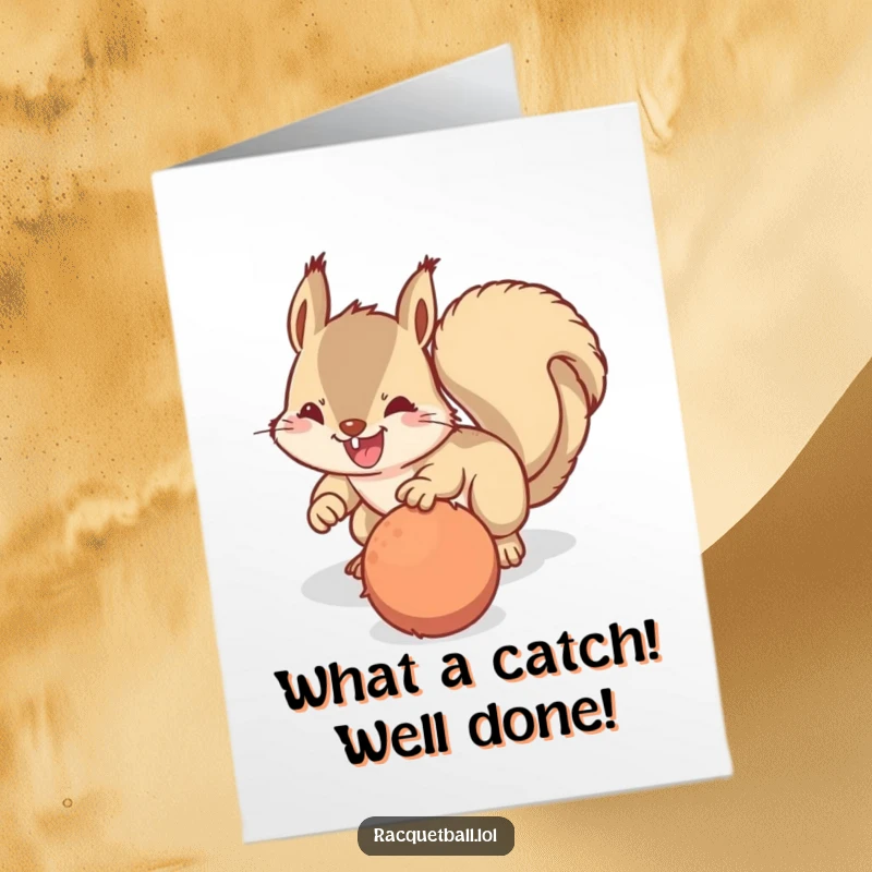 Funny Free Printable Congratulations Card: A determined squirrel diving headfirst towards a fuzzy ball, capturing a moment of athletic triumph.