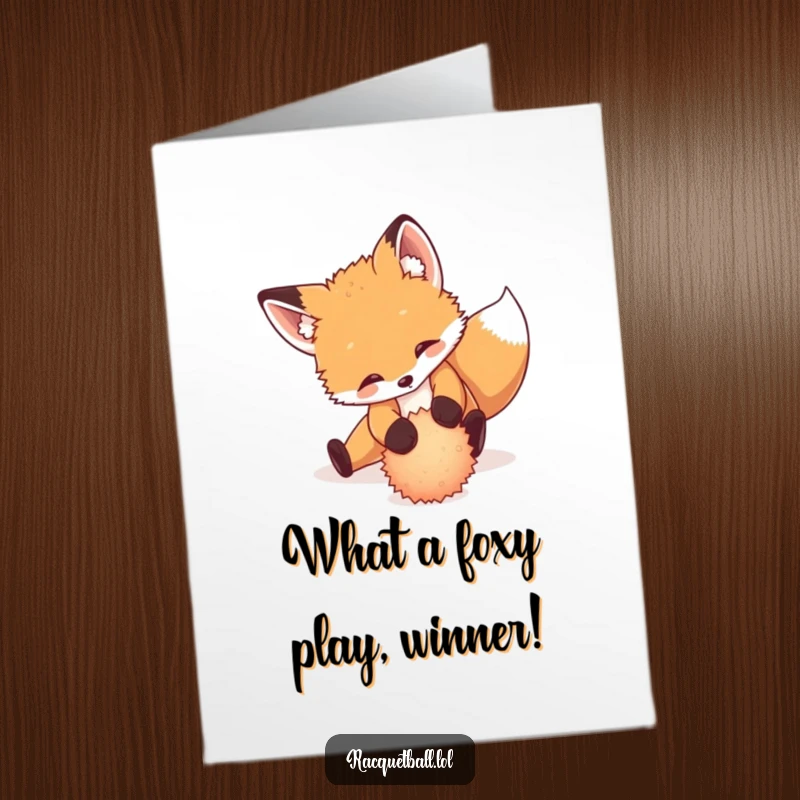 Funny Free Printable Congratulations Card: Playful fox cub executing a dramatic sliding maneuver to intercept a fuzzy ball, celebrating success.