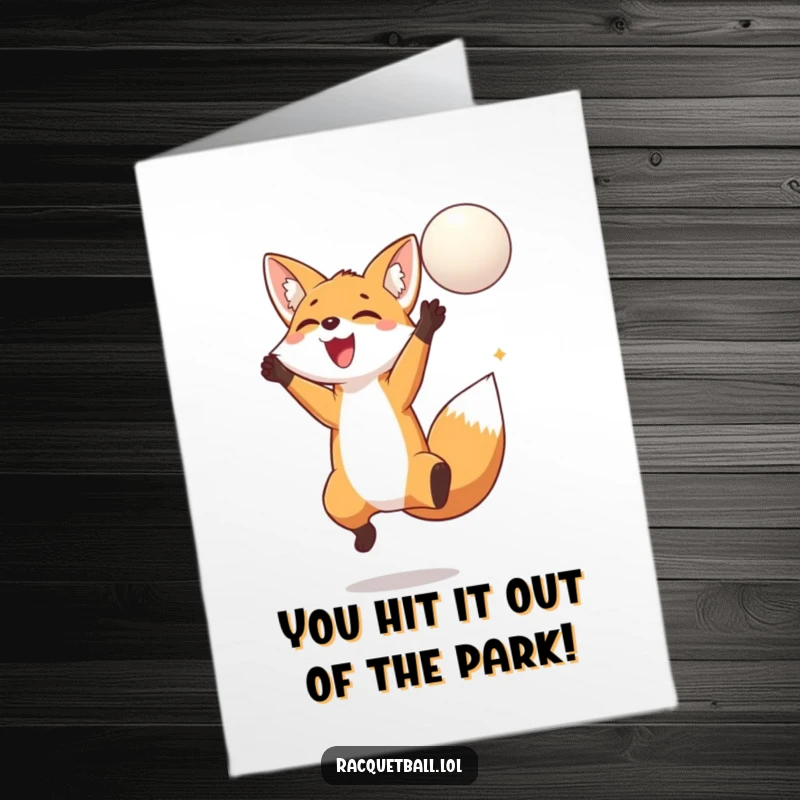 Funny Free Printable Congratulations Card: An excited fox jumping high to hit a floating ball, achieving success.