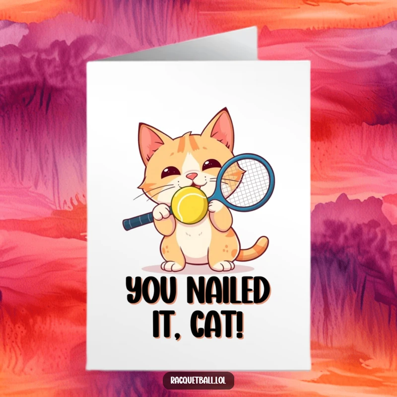 Funny Free Printable Congratulations Card: Delighted cat intently balancing a racquetball on its nose, a symbol of focused victory.