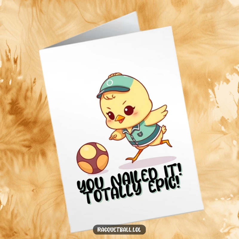 Funny Free Printable Congratulations Card: A determined chick in uniform lunges for a ball, celebrating success with a victorious dive.