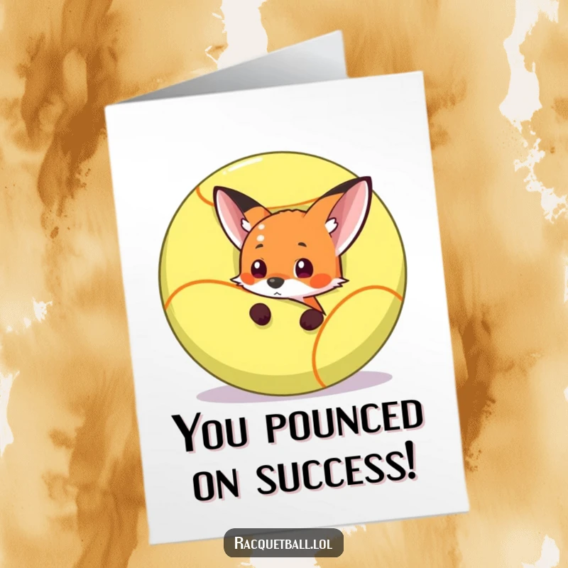 Funny Free Printable Congratulations Card with a curious fox peeking from behind a giant racquetball, celebrating a victory with playful intent.
