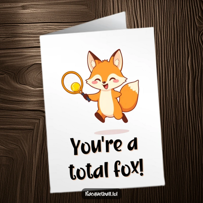 Funny Free Printable Congratulations Card: Cheerful fox leaping to hit a yellow ball with a tiny racquet, celebrating a triumphant win.