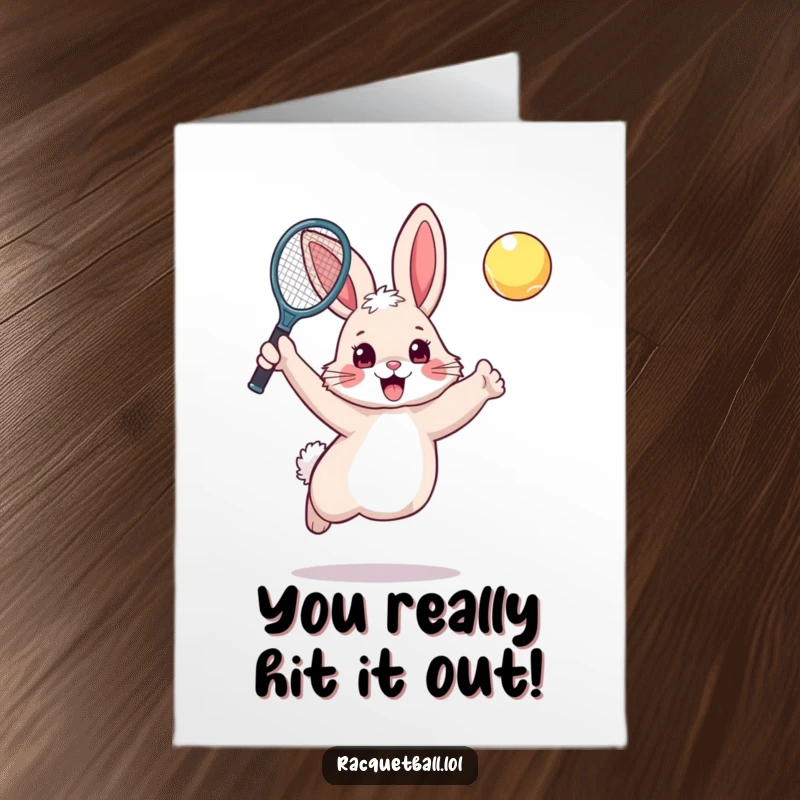 Funny Free Printable Congratulations Card: A fluffy rabbit leaping excitedly, holding a tennis racquet high, celebrating a win.