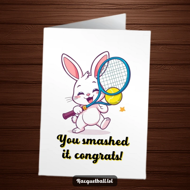 Funny Free Printable Congrats Card: Cheerful bunny enthusiastically smashes a vibrant racquetball, celebrating a grand achievement.