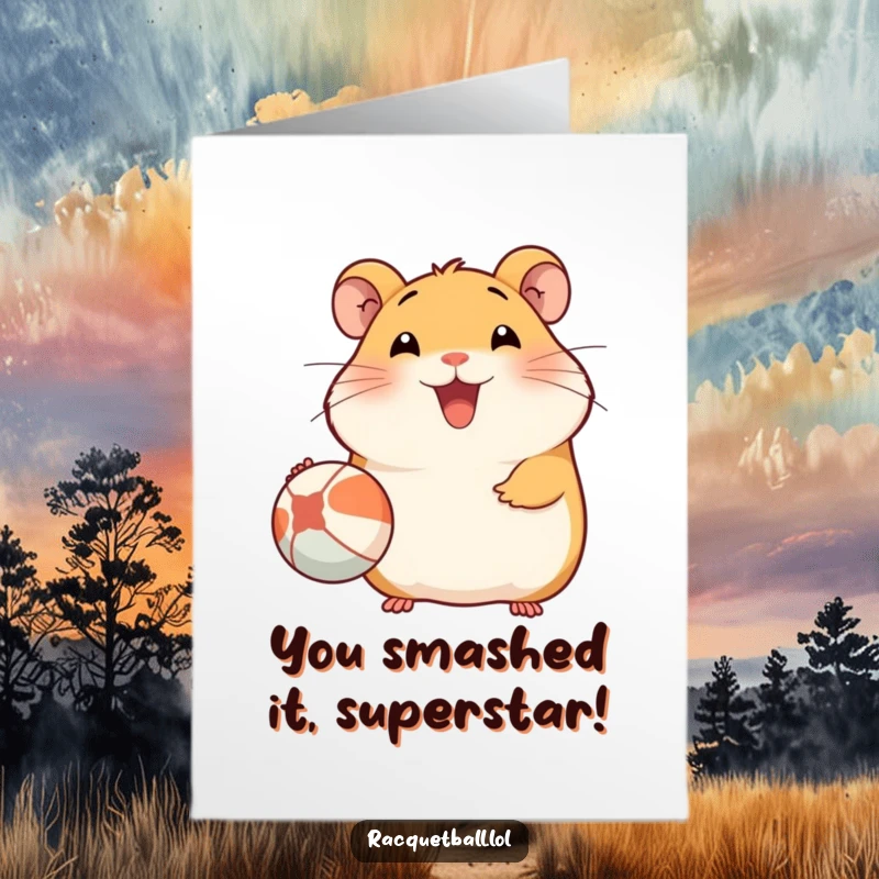 Funny Free Printable Congrats Card: Beaming hamster serving a tennis ball, celebrating a win with pure, unadulterated happiness.