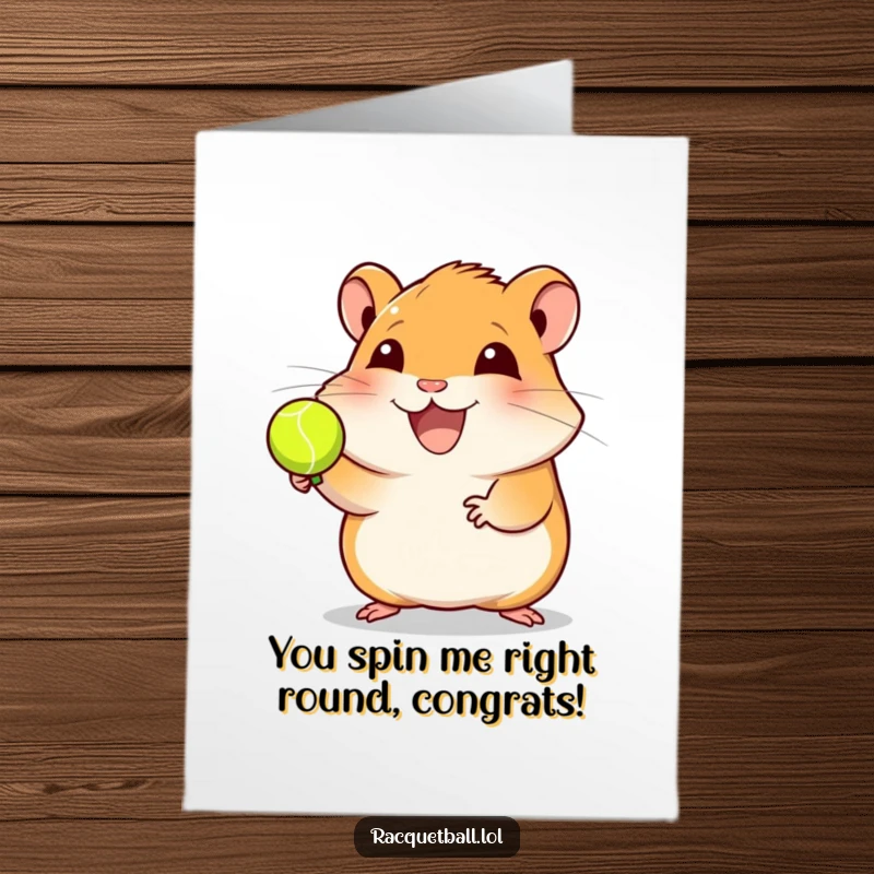 Funny Free Printable Hamster Racquetball Congratulations Card, a happy hamster skillfully spinning a ball, celebrating a great achievement.