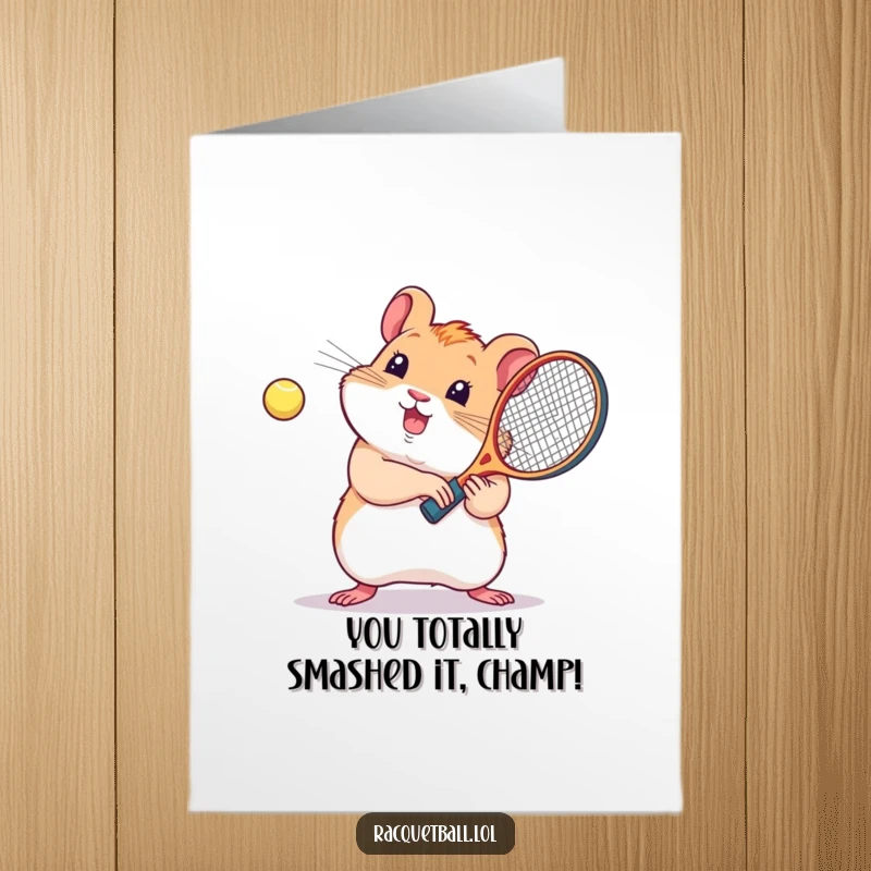 Charming free printable congratulations card: a kawaii hamster enthusiastically swings a miniature racquetball racquet.