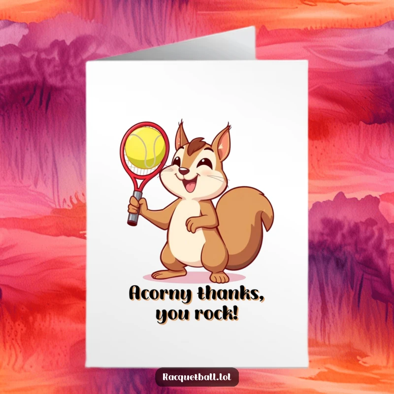 Funny Free Printable Thank You Card: A delightfully happy squirrel strikes a victory pose holding a racquetball.