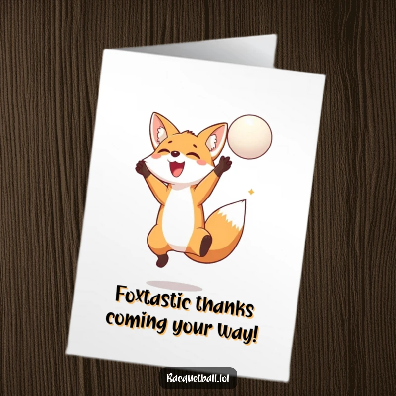 Funny Free Printable Thank You Card: A delighted fox leaping high to hit a floating ball, showing thanks.