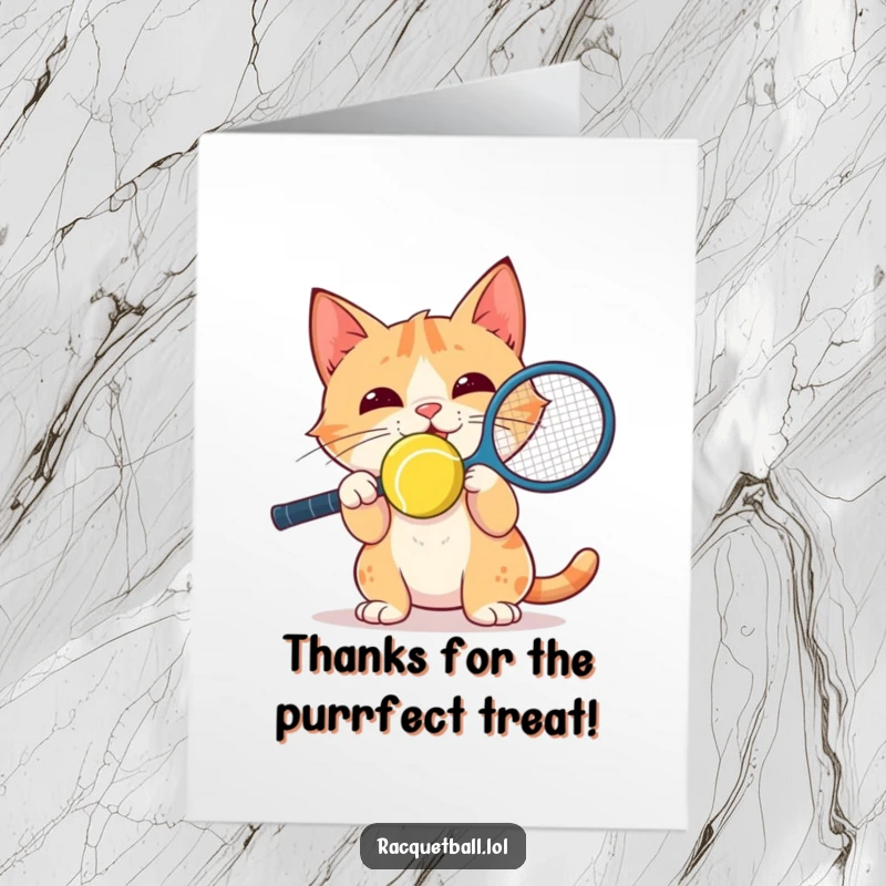 Funny Free Printable Thank You Card: Delighted cat balancing a racquetball on its nose, expressing thanks with focused, quirky charm.