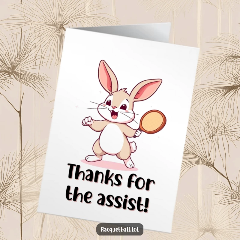 Funny Free Printable Thank You Card: A bouncing bunny excitedly swings a tiny racquetball paddle, offering a playful thank you.