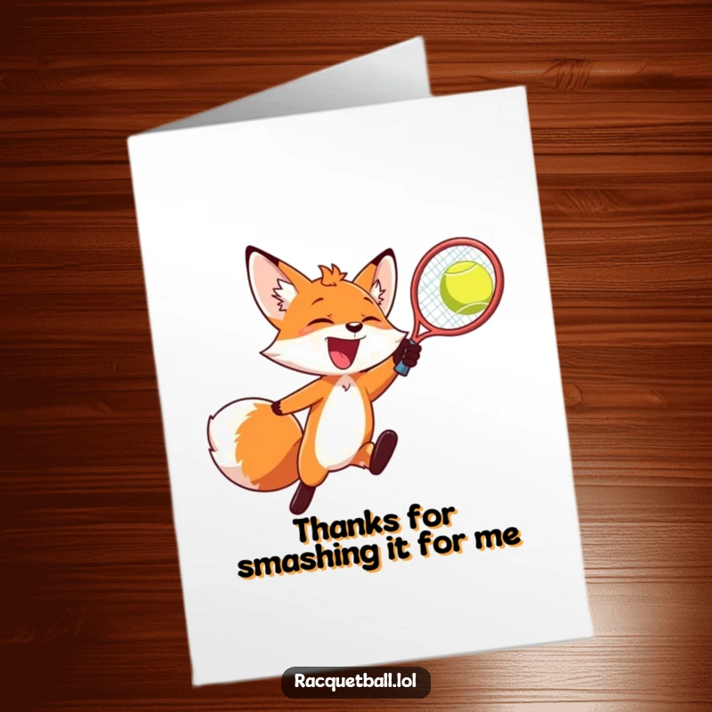 Dynamic free printable thank you card: a gleeful fox leaps to violently smash a racquetball.