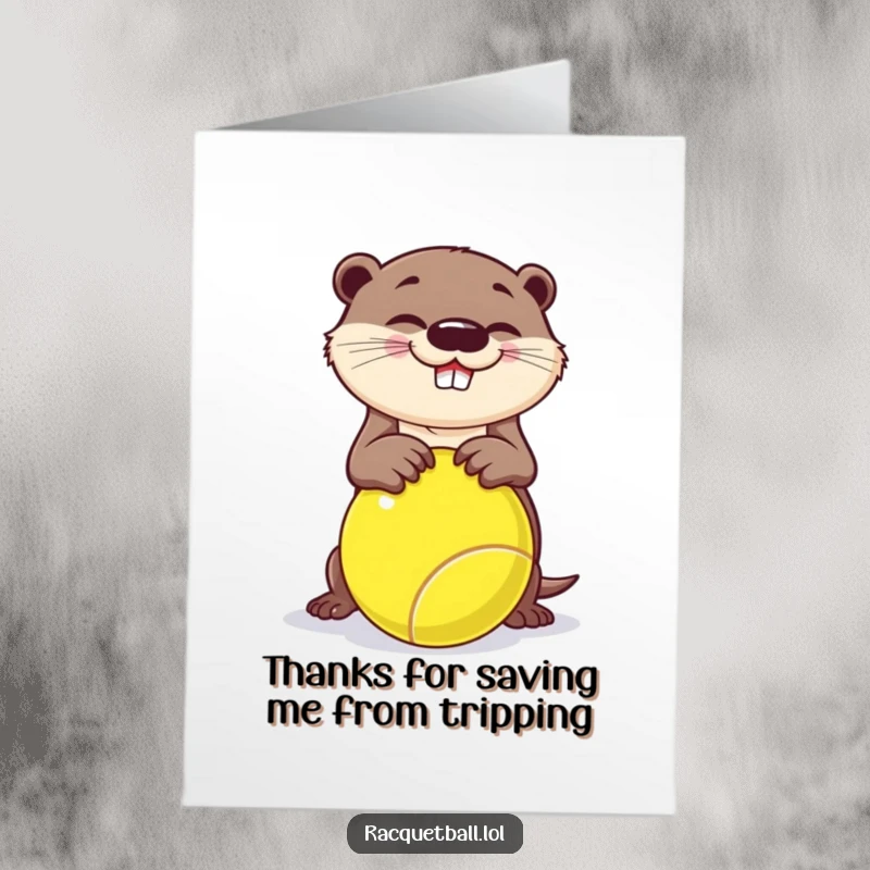 Playful free printable thank you card: a happy otter comically trips while stumbling over a giant racquetball.