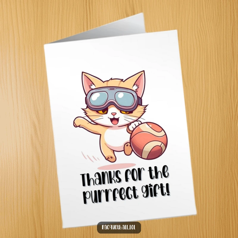 Funny Free Printable Thank You Card: A cat in oversized goggles energetically chasing a ball, conveying enthusiastic thanks.