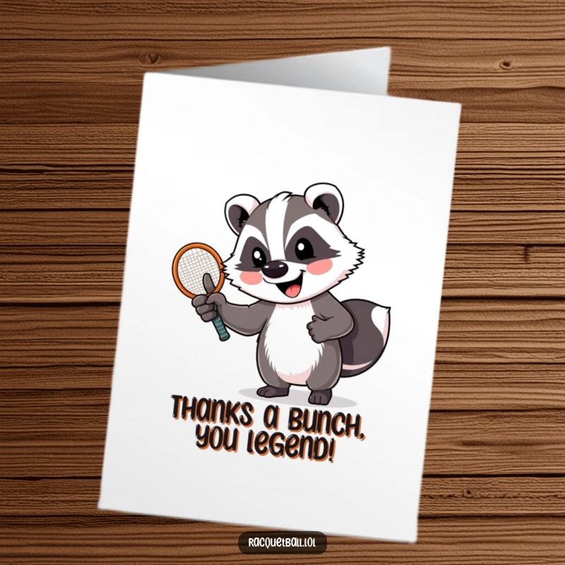 Funny Free Printable Thank You Card: A badger happily holds a racquet, giving a thumbs up. Expressing thanks with a smile.