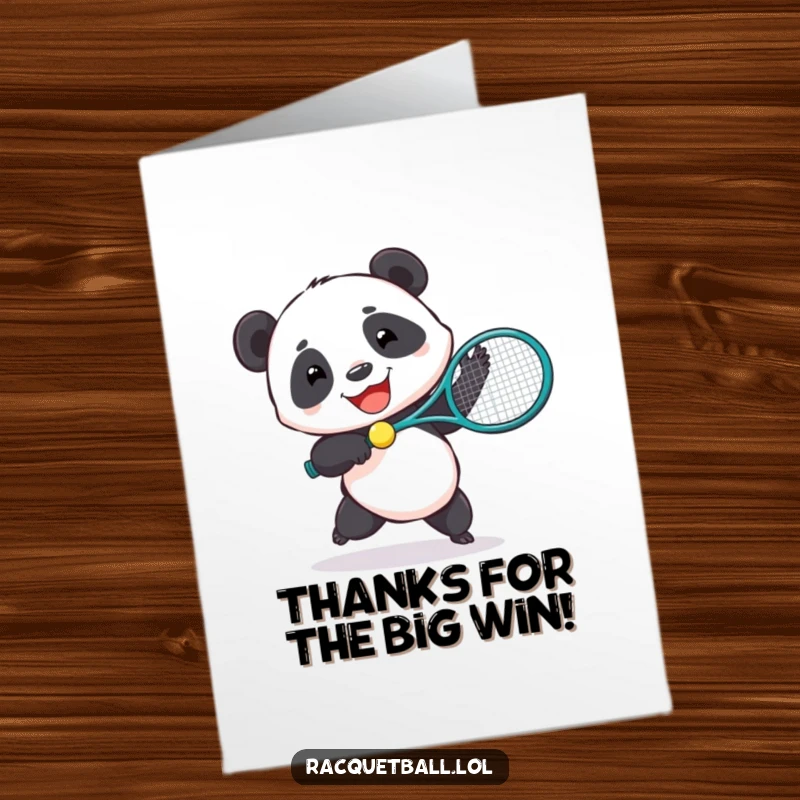 Funny Free Printable Thank You Card: A happy panda uses an oversized racquet to hit a tiny ball in a funny thank you gesture.