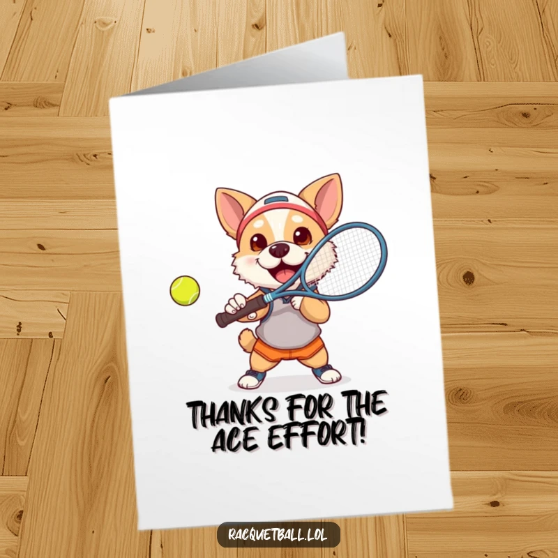 Funny Free Printable Thank You Card: Determined dog wearing athletic gear, smashing a tennis ball with a racquet, expressing thanks.