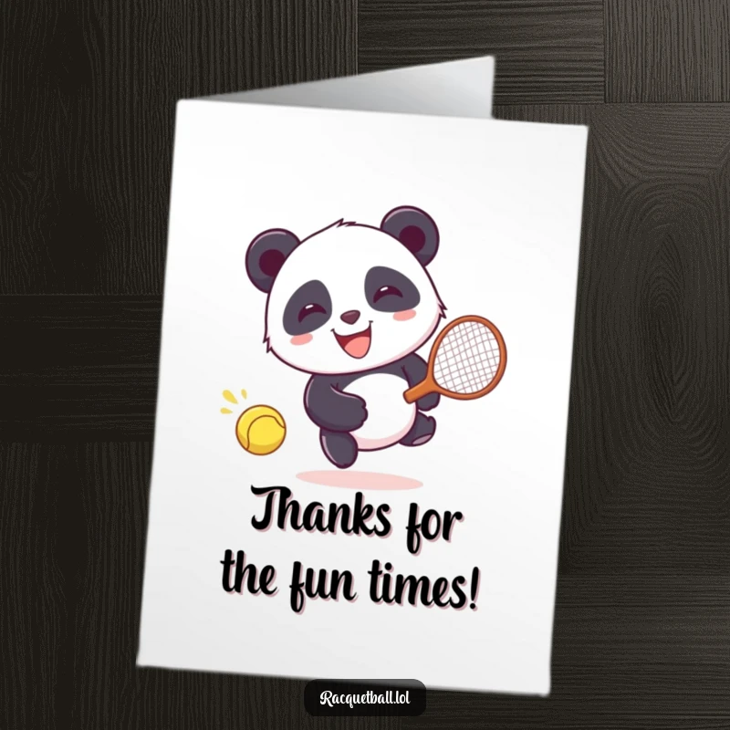 Funny Free Printable thank you card depicting a giggling panda happily running after a wayward racquetball.