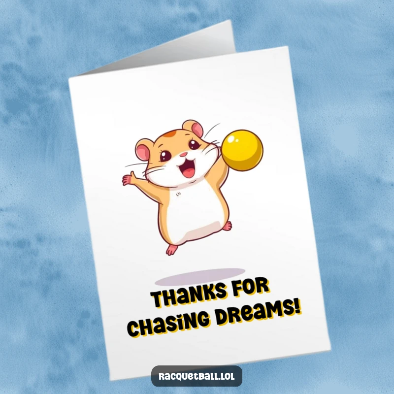 Funny Free Printable Thank You Card: A determined hamster leaps to smash a yellow ball, conveying a powerful and humorous thank you.