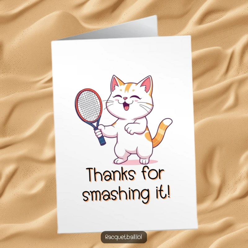 Funny Free Printable Thank You Card: A cat full of glee shaking a racquetboard, expressing gratitude with humor.